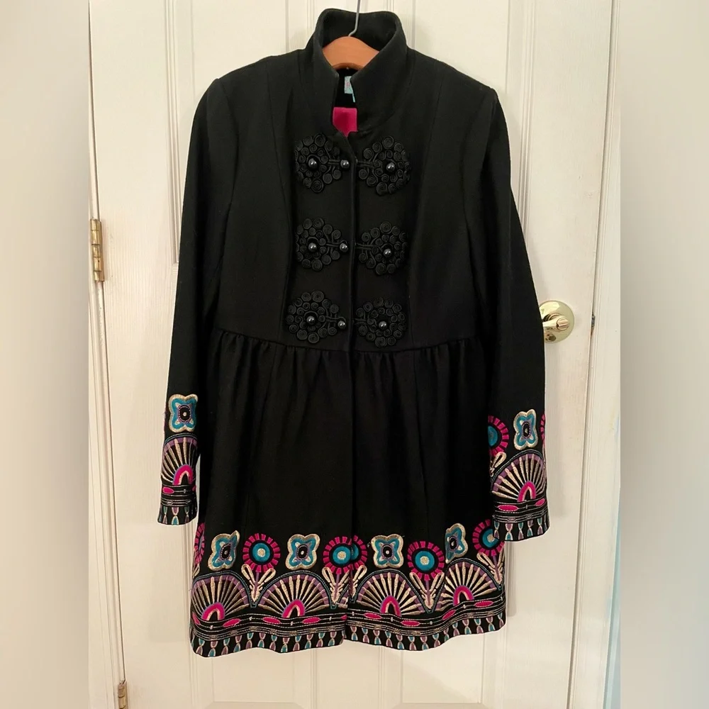Anthropologie Plenty by Tracy Reese black wool coat with embroidery, sz 10 - Picture 5 of 13